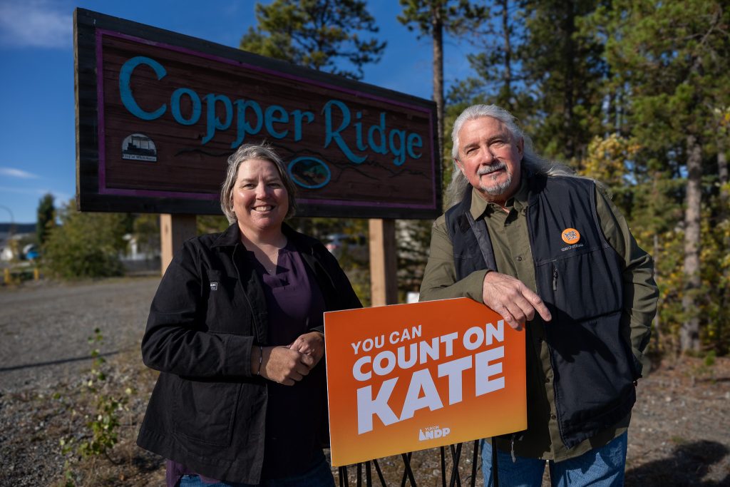 Matthew Lien and Kate White stand in front of the Copper Ridge sign.
